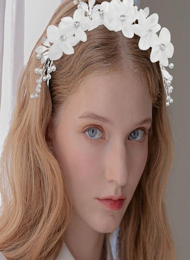Capiant Tulle Flower Headband, Princess Pearl Hair Accessories, White Floral Wreath Hair Accessory for Birthday Party, Wedding Headbands - Image 4